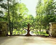 a gate with a tree on it in the middle of a driveway surrounded by trees