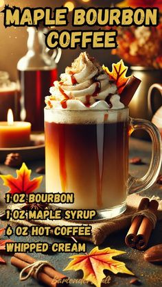 an advertisement for maple bourbon coffee with cinnamon and whipped cream in the mug, surrounded by autumn leaves