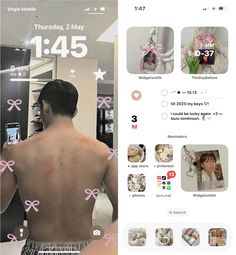 the man is looking at his phone screen with pink bows around his neck and chest