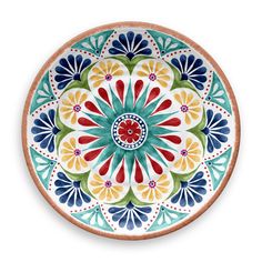 a colorful plate is shown on a white background