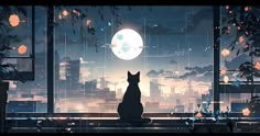 a cat is sitting on a window sill looking out at the city and moon