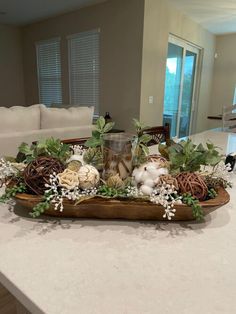 a tray filled with flowers and plants sitting on top of a kitchen counter next to a couch