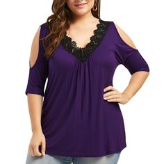 V Collar Off Shoulder Splicing T Shirt - Purple Iris - 4F85530017 - Women's Clothing, Plus Size Women's Clothing  #PlusSizeWomensClothing #Women's #Clothing # #Plus #Size #Women's #Clothing Loose Dress Pattern, Tee Shirt Fashion, Lace Trim Shorts, Cold Shoulder Lace, Plus Size Lace, Short Sleeve Shirt Women, Pretty Clothes, Cold Shoulder Blouse, Strapless Tops