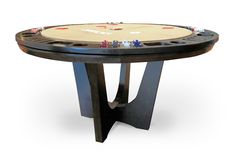 a table that has some dice on it and is made out of black wood with an oval base