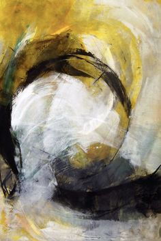 an abstract painting with yellow, black and white colors