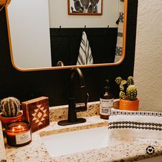 a bathroom sink sitting under a mirror next to a potted cacti and succulents