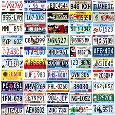 many different license plates are arranged together