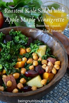 roasted kale salad with apple maple vinaigrete and butternut squash in a bowl