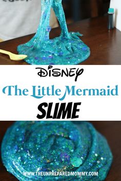 the little mermaid slime is made out of plastic and has blue glitter on it