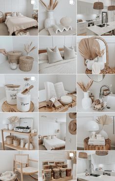 many different pictures of white and brown items in the kitchen, dining room or living room