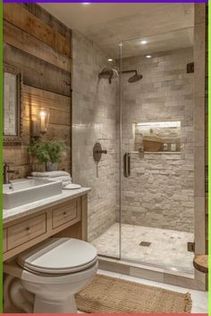 a bathroom with a walk in shower next to a white toilet and counter top sink