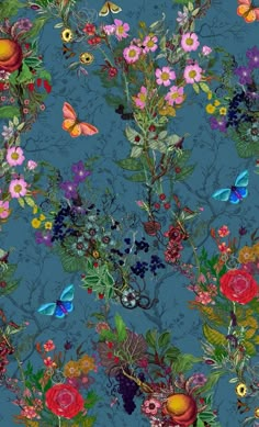 an image of a blue background with flowers and butterflies on the bottom right corner,