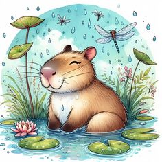 a drawing of a hamster in the water with flowers and dragonflies on it