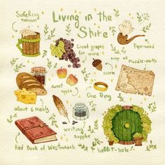 an illustrated drawing of living in the shire, including books and other things to read