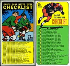 an old hockey card from the 1950's shows two players in green and red uniforms