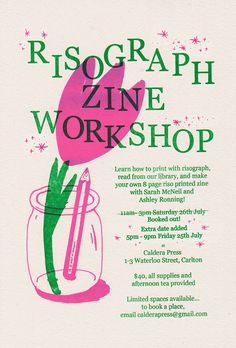 a pink flower in a jar with writing on it that says, risograph zine workshop