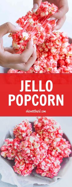 a bowl full of jello popcorn with the words jello pop corn in red and white