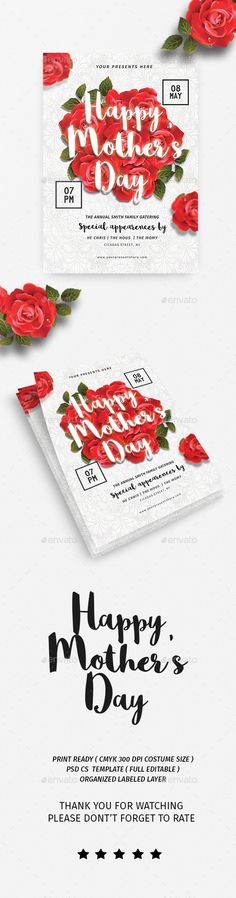 a white and red flyer with roses on it, the words happy mother's day are