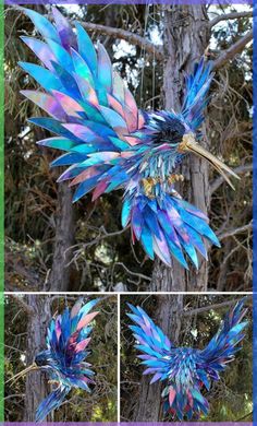 three different pictures of blue and pink feathers on a tree branch with trees in the background