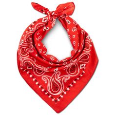 a red bandana with white paisley on it