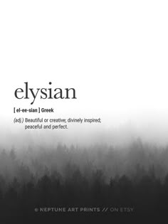 an advertisement for elysiann with trees in the background and foggy sky behind it