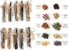 various types of loose teas tied up in twine and labeled with labels on them