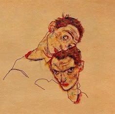 a drawing of two men, one with his head on the other's shoulder