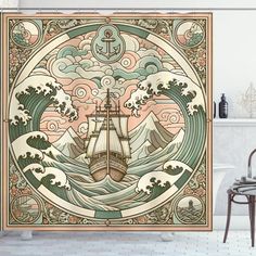 an artistic shower curtain with a ship in the ocean and waves on it's sides