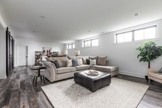 a living room filled with furniture and a large rug on top of a hard wood floor