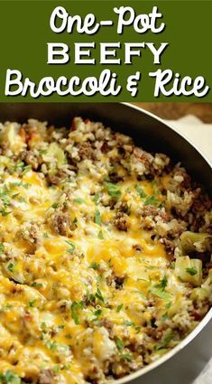 one pot beef and rice casserole is shown in a pan with the title above it