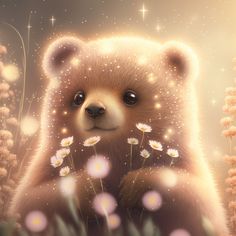 a painting of a brown bear surrounded by daisies and other flowers with stars in the background