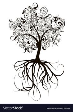 an abstract tree with roots and flowers on white background stock photo - 519782