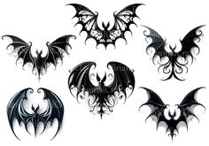 four different types of bats with black wings and fangs on their back, all in various shapes