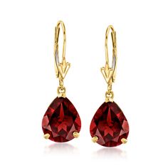 Ross-Simons - 7.00 ct. t. w. Pear-Shaped Garnet Drop Earrings in 14kt Yellow Gold. Firey and intense, these earrings are so gorgeous! Glowing in a classic 14kt yellow gold setting, 7.00 ct. t. w. pear-shaped garnet drops add a touch of burgundy to your outfit. Hanging length is 1". Leverback, garnet drop earrings. Garnet birthstones are the perfect gift for January birthdays. Garnet Drop Earrings, Jewelry Presentation, Emerald Earrings Drop, Opal Drop Earrings, Garnet Birthstone, Opal Earrings Stud, Garnet Pendant, Opal Studs, Beaded Drop Earrings