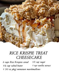 a piece of rice krispie treat cheesecake with caramel drizzle on top