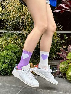 DESCRIPTION How cute are these adorable and romantic white and lavender heart socks! With their asymmetrical design, they effortlessly infuse any ordinary outfit with playfulness and personality. Whether you're off to school, a picnic, a hiking adventure, or a delightful brunch date, these socks are the perfect way to showcase your love and let your playful nature shine through! Material: cotton 60%, polyester 30%, spandex 10% Size: Women's 5½-9½ Men's 4½-7½  EUR 36-40 CARE INSTRUCTION Turn sock Mismatched Socks, Purple Socks, Socks Ankle, Lavender Heart, Heart Socks, Brunch Date, Fun Socks, White Socks, Asymmetrical Design