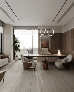 an elegant living room with modern furniture and large windows