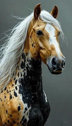 a brown and black horse with white manes standing in front of a gray background