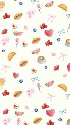 a white background with different types of food and flowers on it's sides, including watermelon, cherries, croissants, strawberries