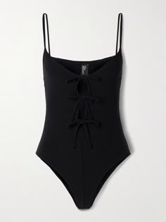 Lisa Marie Fernandez’s swimsuit is defined by a trio of ties through the front - adjust them to cinch the shape and coverage. It's made from stretchy crepe in classic black and has slim shoulder straps. Style it off the beach with high-rise jeans. Chic Fitted Cross-tied Swimwear, Elegant Fitted Swimwear With Tie Straps, Fitted Black Swimwear With Knotted Straps, Tank Top Swimsuit, Fashion Advisor, Gender Neutral Clothes, Comfy Sets, Lisa Marie Fernandez, Swimsuit Design