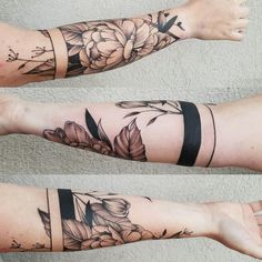 two arm tattoos with flowers on them, one is black and the other is white