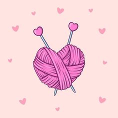 a pink ball of yarn and two knitting needles on a pink background with heart shapes