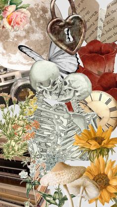 a collage of flowers, skulls and other items in the shape of a heart