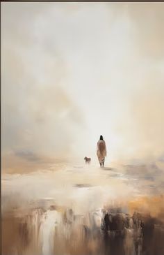 a painting with a person and a dog in the distance, on a cloudy day