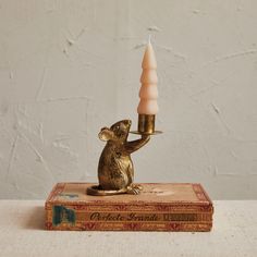 a brass rat holding a lit candle on top of a book