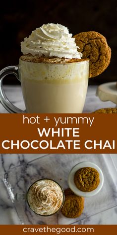 hot and yummy white chocolate chai with whipped cream in the middle, two cookies on