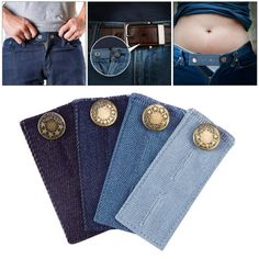 three different pictures of jeans with gold buttons on them and one showing the belt buckle