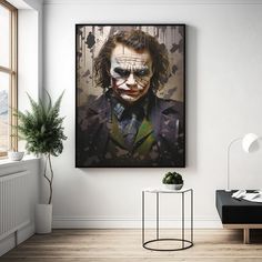 a living room with a painting of the joker