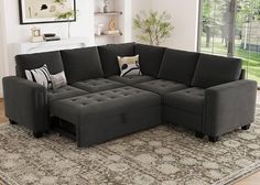 a living room with a sectional couch and ottoman