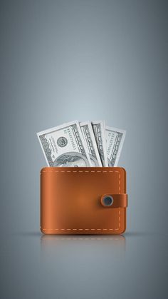 an orange leather wallet with money sticking out of the top, on a gray background